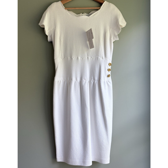 VTG Adrienne Vittadini White Cotton Dress Sz 10 Scalloped Textured Gold Button - Picture 1 of 16